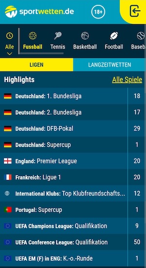 Screenshot des Wettprogramms bei sportwetten.de am Handy