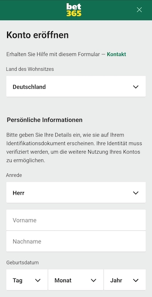 Screenshot des Bet365 Registrierungsformulars für User aus Deutschland