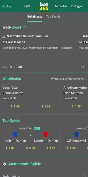 Screenshot des bet365 Wettprogramms