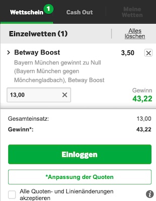 Bayern gewinnt zu Null gegen Gladbach mit Quote 3.50 von Betway
