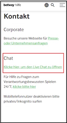 Support Page von Betway