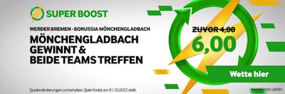 Quote 6.00 auf Gladbach gewinnt gegen Werder Bremen und beide Teams treffen bei Betway