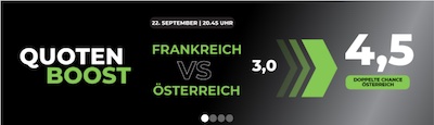 Happybet bietet Quote 4.50 auf Doppelte Chance X2 zu Frankreich - Österreich