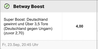 Deutschland gewinnt gegen Ungarn und über 3.5 Tore zu Quote 4.0 bei Betway