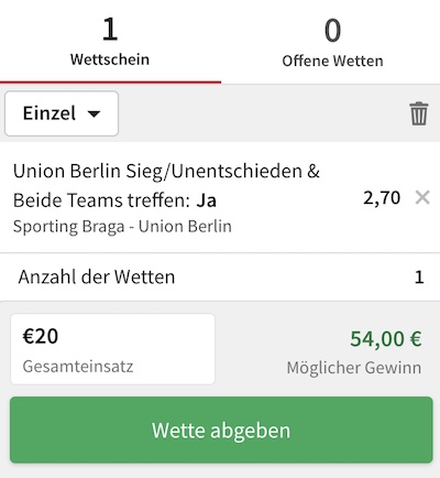 So könnte ein Tipico Wettschein für das Spiel zwischen Braga und Union Berlin aussehen.