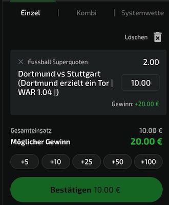 Quote 2.0 auf Dortmund erzielt ein Tor bei Mobilebet