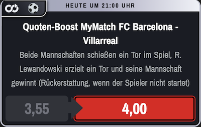 Winamx erhöht die Quote auf Barcelona gegen Villarreal.