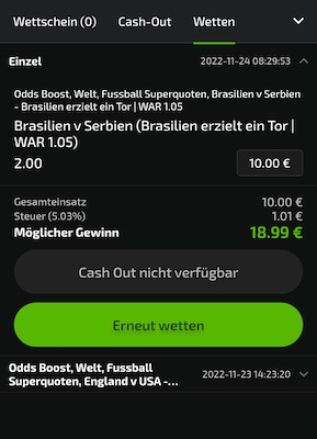 Mobilebet offeriert Quote 2.0 auf ein Tor von Brasilien vs. Serbien