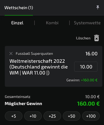 Quote 16.0 auf Deutschland gewinnt die WM bei Mobilebet