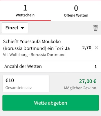 Torschützenwette bei Tipico zu Wolfsburg - Dortmund