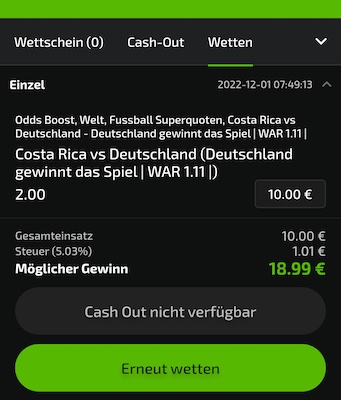 Mobilebet Superquote - 2.0 auf Sieg Deutschland vs. Costa Rica