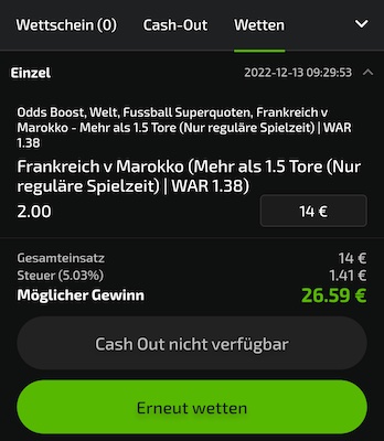 Mobilebet Superquote bringt Quote 2.0 auf über 1.5 Tore bei Frankreich - Marokko