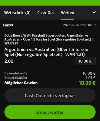 Mobilebet Superquote: 2.0 auf über 1.5 Tore bei Argentinien - Australien