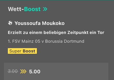 Nutze den Bet365 Superboost - Moukoko trifft zu Quote 5.0