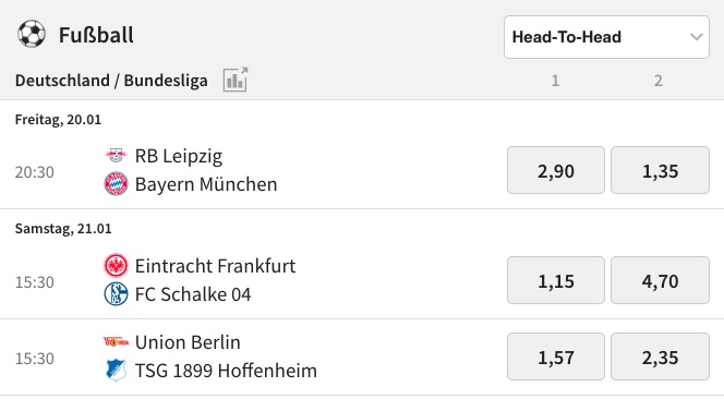Head to Head Wetten auf die Bundesliga bei Tipico