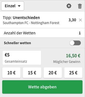 Tipico Wettabgabe beim Spiel Southampton-Nottingham Forest