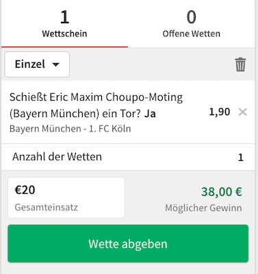 Unser Tipico Wettschein zu Bayern - Köln