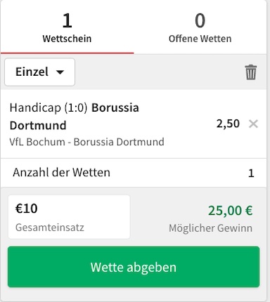 Handicap Wette bei Tipico zu Bochum - Dortmund