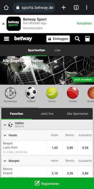 Screenshot der mobile App von Betway