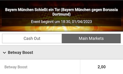 Quote 2.0 auf Bayern trifft gegen Dortmund bei Betway!