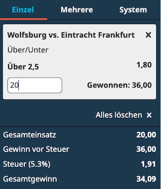 Wettschein von Chillybets zu Wolfsburg - Frankfurt