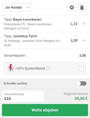 Screenshot eines Tipico Wettscheins mit Europa League Wetten