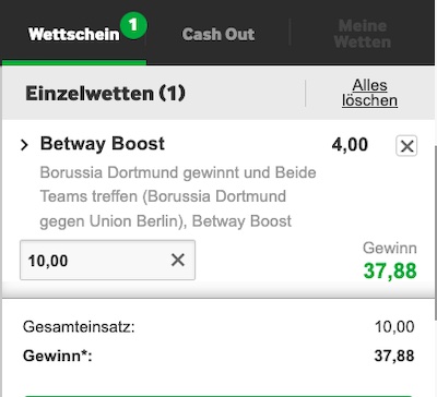 Quote 4.0 auf Dortmund besiegt Union Berlin und beide Treffen beim Betway Superboost