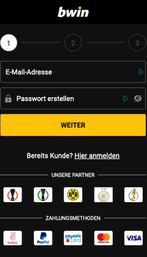 Das Registrierungsformular bei Bwin