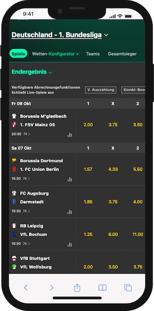 Screenshot einer mobilen Ansicht des bet365 Wettprogramms