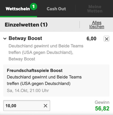 Quote 6.0 bei Betway auf Deutschland besiegt die USA und beide treffen