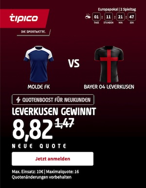 Tipico: Sechsfache Quote auf Leverkusen gewinnt bei Molde