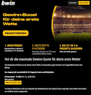 15.0 auf Köln gewinnt bei Darmstadt. Mega Quote von Bwin!