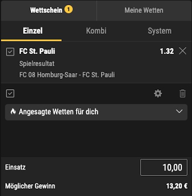 Quote 10.0 auf Sieg Pauli vs. Homburg bei Bwin