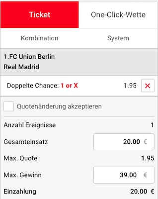Tipwin Wett Tipp zu Union Berlin - Real Madrid