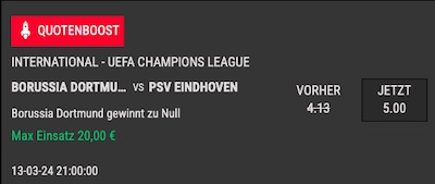 Quote 5.0 auf BVB besiegt PSV zu Null bei Intertops