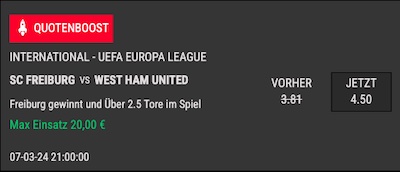Intertops erhöht Freiburg West Ham Quoten - SCF gewinnt und mehr als 2.5 Tore zu Quote 4.50