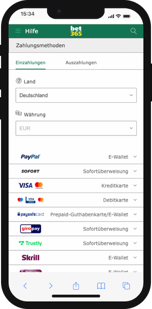 Screenshot der verfügbaren Methoden für die Einzahlung bei bet365