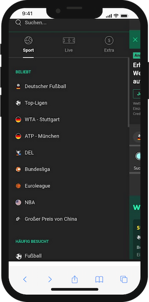 Das Menü für Sportwetten bei bet365