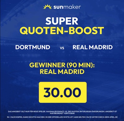real madrid gewinnt bei sunmaker das cl finale mit erhöhter quote 30.0