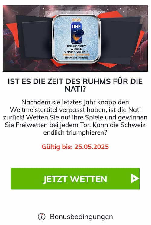 Sichere dir bei Bahigo pro geschossenem Tor in einem Spiel der Schweiz bei der Eishockey WM Freiwetten!