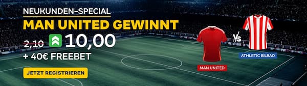 Nutze den aktuellen Merkur Bets Quotenboost und sichere dir Quote 10 auf Manchester United besiegt Athletic Bilbao!