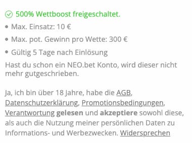 Melde dich über unsere Buttons an und sichere dir eine 500% bessere Quote zum Start bei NEO.bet!