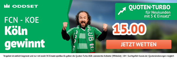 Bei ODDSET anmelden und mit Quote 15.0 auf Sieg Köln wetten!