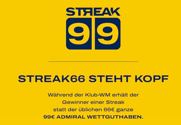 Tippe jeden Tag richtig und sichere dir mit Admiral Streak 66 im Zuge der Klub WM 99€