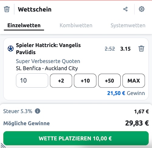 Wette bei Betano mit erhöhten Quoten auf Benfica vs. Auckland!