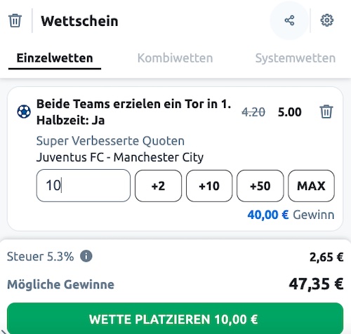 Wette bei Betano mit Quote 5.00 auf Juve und City treffen in Halbzeit 1!