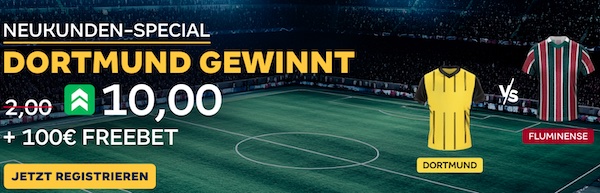 Merkur Bets erhöht die Quote von Dortmund gegen Fluminense auf 10.0!