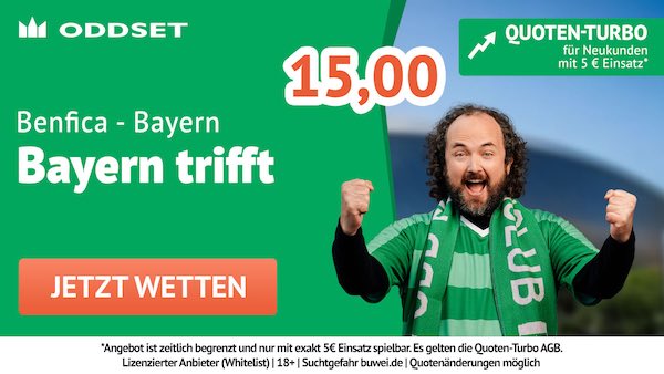 Nur bei ODDSET - Bayern trifft gegen Benfica zu Quote 15.0!