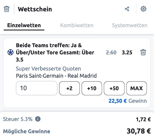 Nutze die stark verbesserte Quote von Betano für PSG Real Wetten
