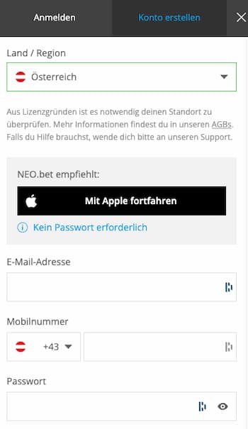 Anmeldung bei NEO.bet